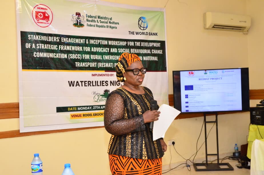 Salomey Eferemo holding a microphone while presenting at a health communication workshop